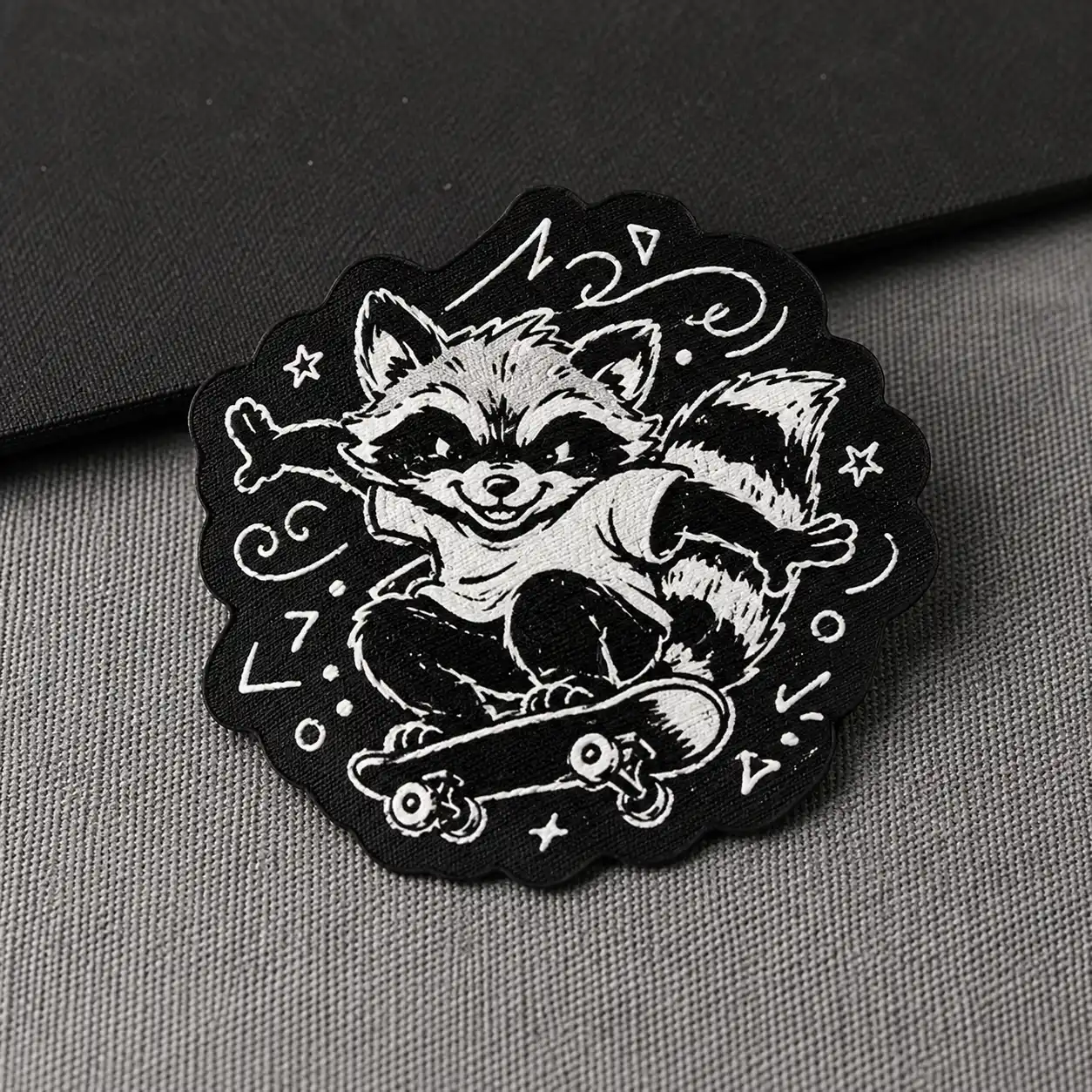 Skateboard raccoon woven patch