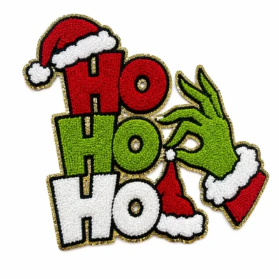 Christmas green hand Ho Ho Ho Santa hat chenille patch
