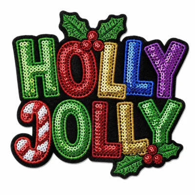 Christmas Holly Jolly candy cane lettering sequin patch