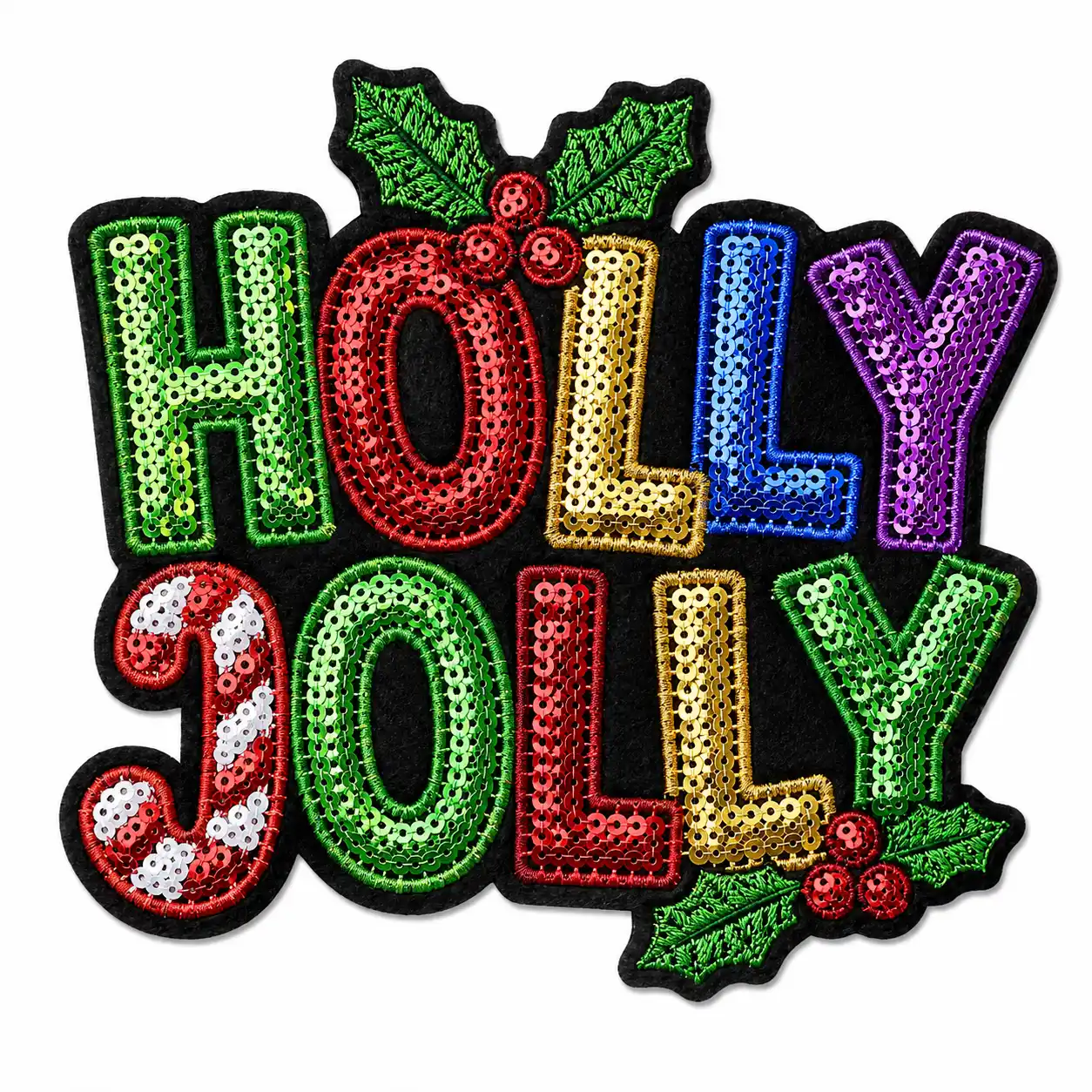 Christmas Holly Jolly candy cane lettering sequin patch
