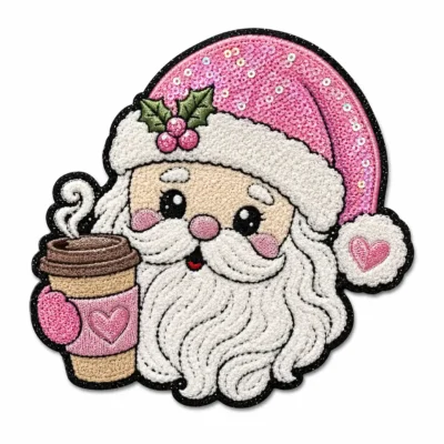 Christmas pink Santa holding coffee cup chenille patch