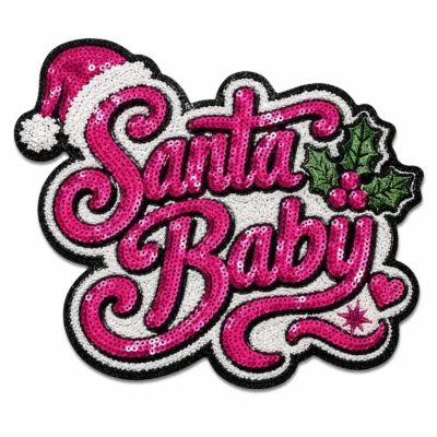 Christmas Santa Baby pink script holly berry sequin patch
