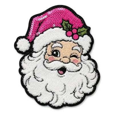 Christmas smiling Santa face pink hat chenille patch