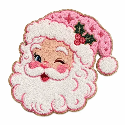 Christmas winking Santa face pink hat chenille patch