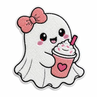 Halloween cute ghost pink bow bubble tea chenille patch