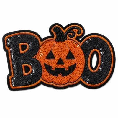Halloween black BOO lettering pumpkin face sequin patch