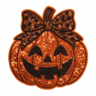 Halloween orange bow jack o lantern glitter sequin patch